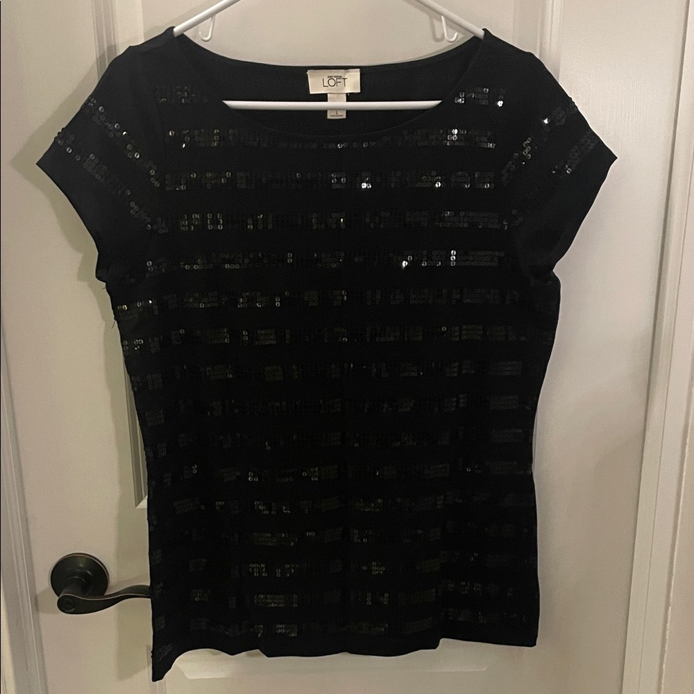 LOFT Black Sequin Short Sleeve Top